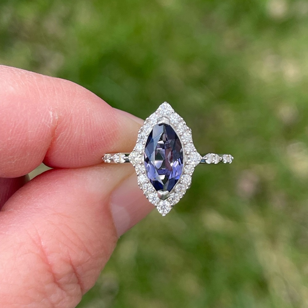 Iolite and Moissanite Halo Ring